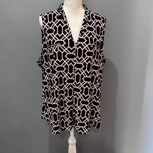 INC International Concepts Woman Sleeveless Geometric V-Neck Blouse Black Tan 2X
